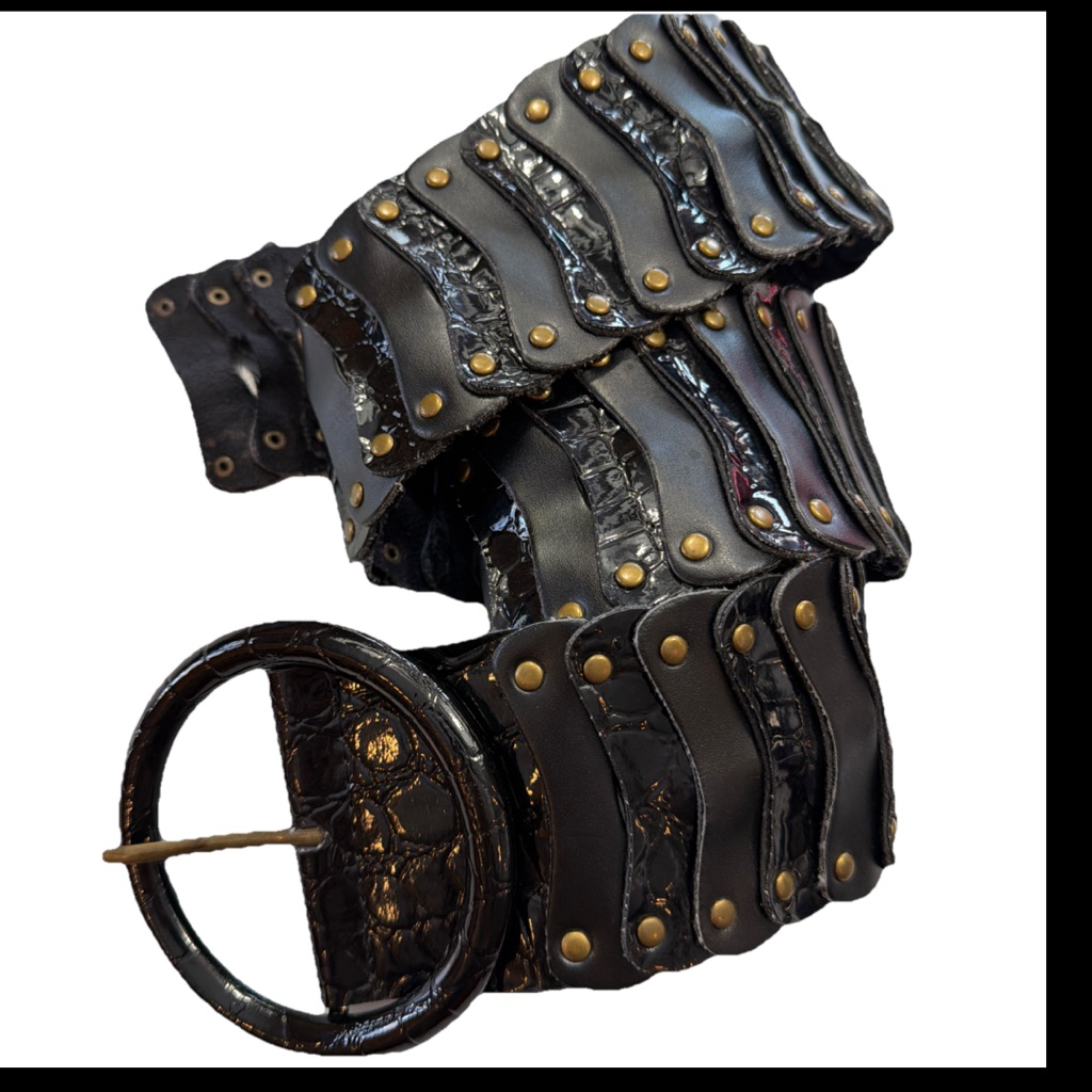 Black Leather 3”Wide Belt Copper Studs Boho Chic Haute Hippie Round Buckle, 39”L